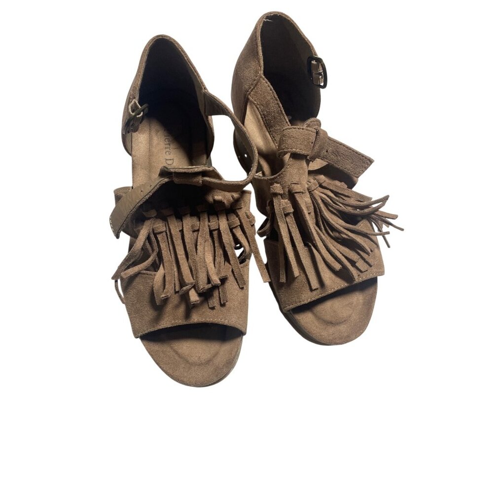 Pierre Dumas‎ Brown Fringe Wedge Sandals Size 6 Peep-Toe Slingback